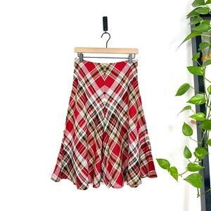 Red and tan plaid linen a-line midi skirt size 6